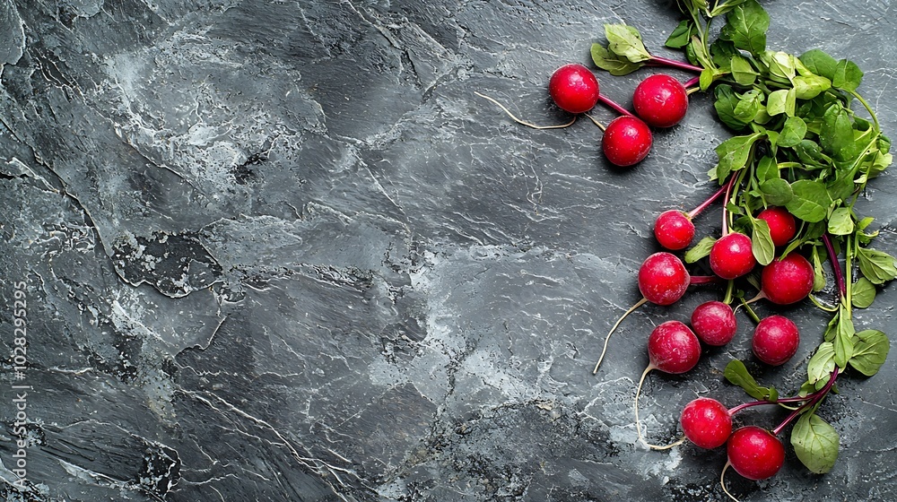 Poster radish bunch on grey stone background copy space top view : generative ai
