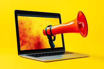 A laptop with a megaphone emerging from the screen against a yellow background.