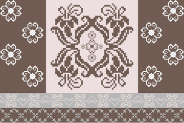 Geometric pixel pattern seamless vector pattern, Mexican blanket, rug, tile, illustration design on pink background with brown.