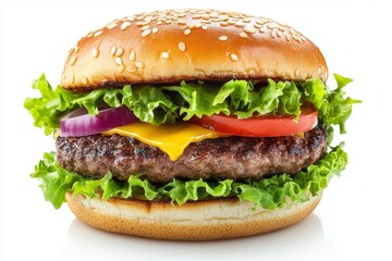 A classic cheeseburger with a juicy beef patty, melted cheese, lettuce, tomato, and onion on a sesame seed bun.