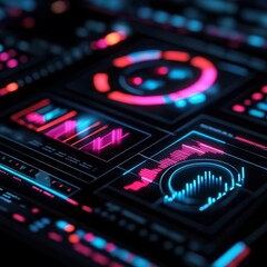 Obraz premium Blockchain analytics, holographic charts, futuristic setting, dark ambiance