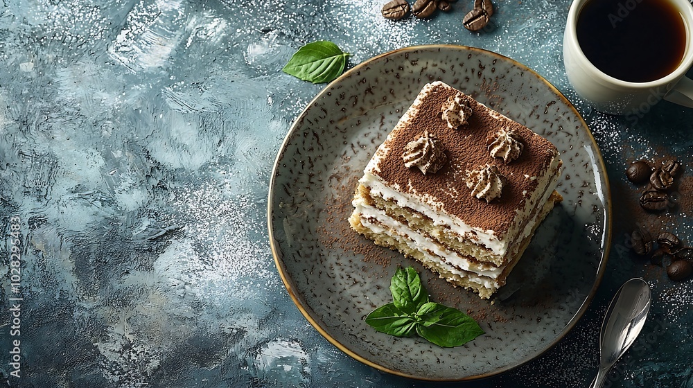 Poster tiramisu dessert with cup of coffee grey background copy space top view : generative ai