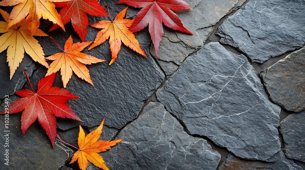 Poster autumn colorful leaves grey stone background copy space : generative ai