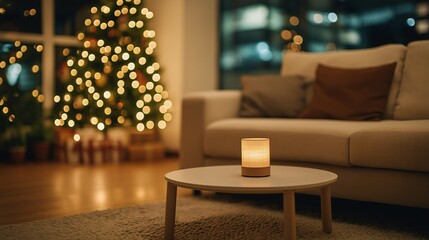Cozy Living Room with Christmas Tree and Soft Light