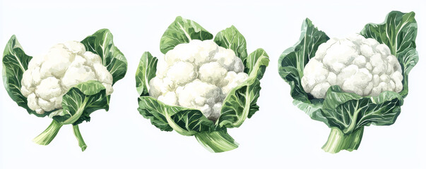 Fresh cauliflower heads with their vibrant green leaves showcase healthy and nutritious vegetable. Perfect for cooking or garnishing, these cauliflowers add touch of freshness to any dish