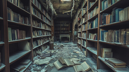Fototapeta premium A creepy abandoned library filled with dusty books and whispers.
