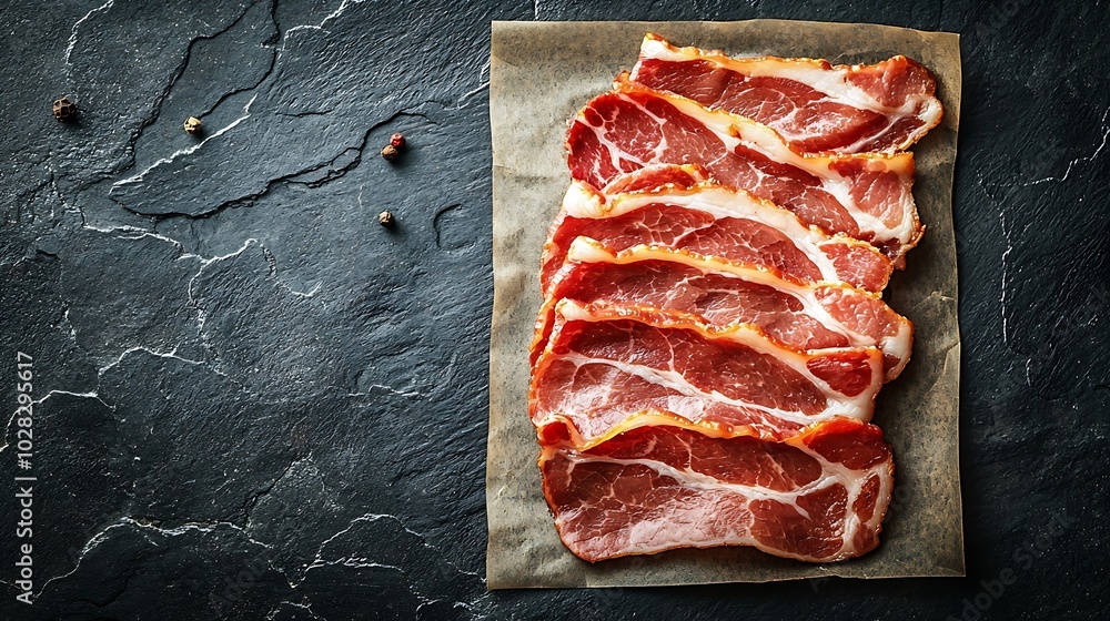 Aufkleber Raw bacon slices on parchment paper Grey slate background Copy space Top view : Generative AI