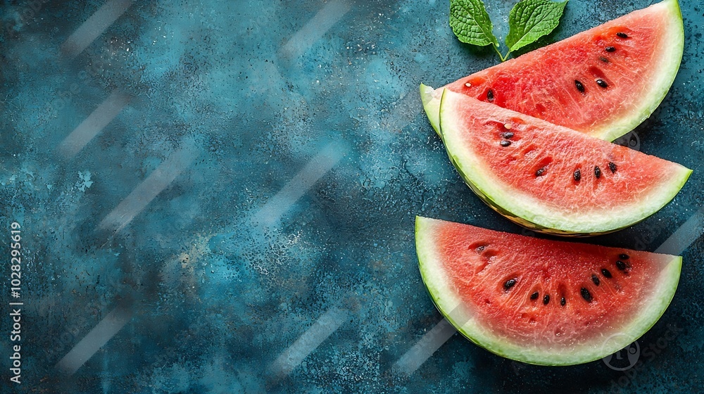 Poster fresh watermelon slices on blue table background close up : generative ai