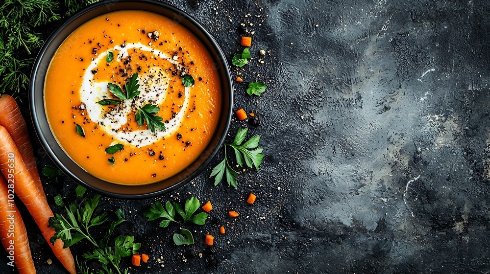 Aufkleber pumpkin and carrot cream soup in bowl grey background top view : generative ai