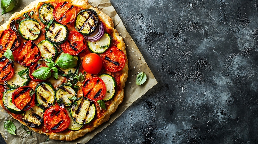 Poster puff pastry pizza with grilled vegetables grey background copy space top view : generative ai