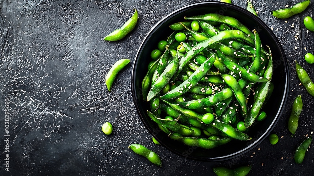 Poster fresh edamame green beans in black bowl grey textile background top view close up : generative ai