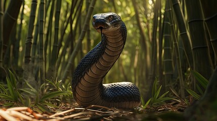 Fototapeta premium A king cobra poised to strike in a bamboo forest, its hood fully spread.