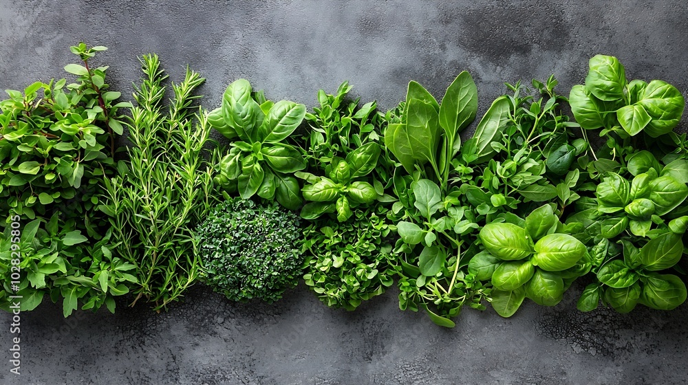 Poster assortment of fresh herbs grey background copy space top view : generative ai
