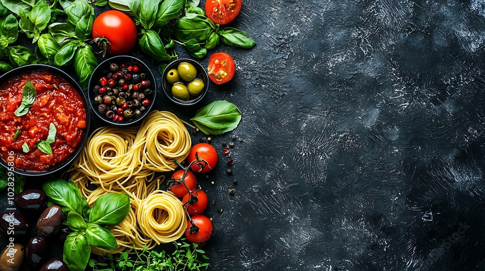 Poster pasta spaghetti with tomato sauce olives and fresh basil puttanesca recipe grey background copy spac
