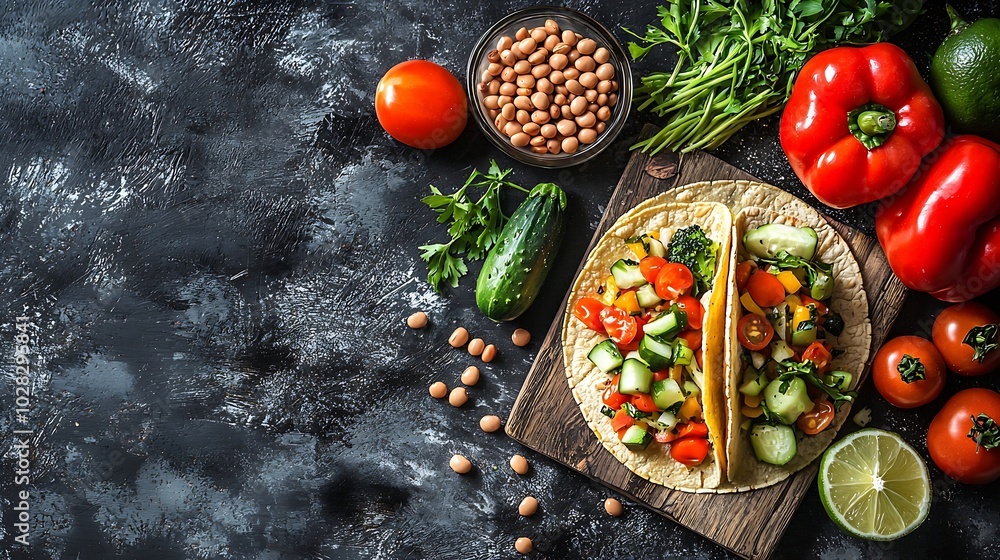 Poster taco with mixed vegetables beans on cutting board grey background close up : generative ai