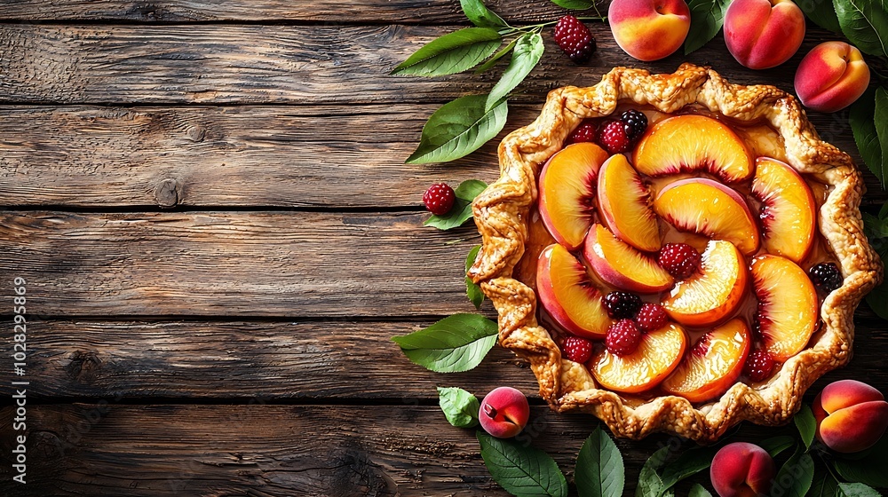 Poster peach galette pie cake with honey and berry on a wooden background : generative ai