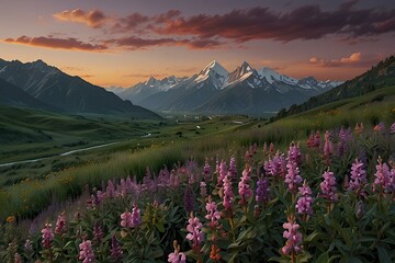 Artistic Mountain Scene – 32K UHD Adventurecore Photography with Purple Blooms