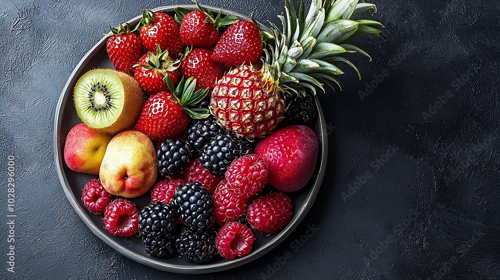 Poster tropical fruits assortment on a plate grey background close up top view : generative ai