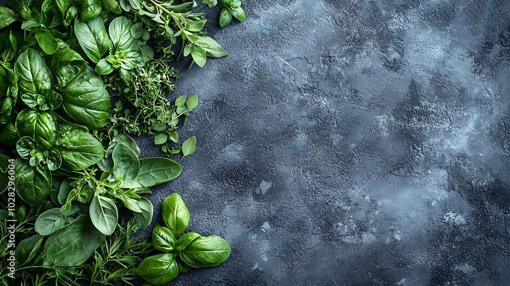 Poster assortment of fresh herbs grey background copy space top view : generative ai