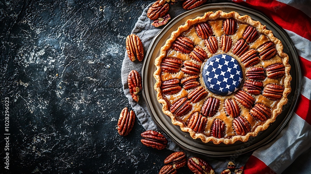 Poster pecan pie tart slice on a plate with american flag grey background close up top view : generative ai