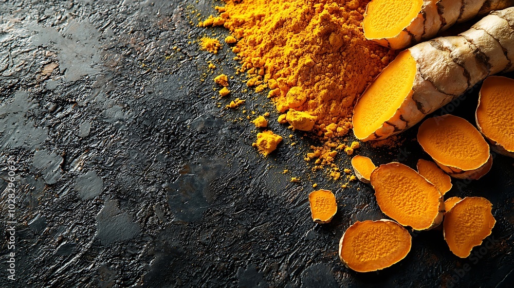 Poster fresh turmeric curcuma tumeric roots powder and dried slices dark background copy space top view : g