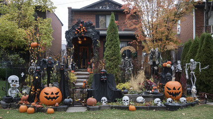 Fototapeta premium A creative display of Halloween decorations in a front yard to attract Trick-or-Treaters.
