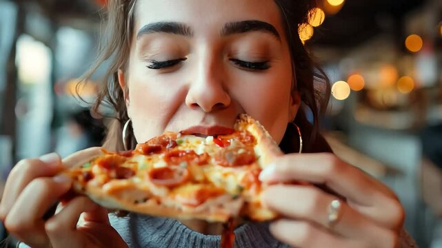 A young woman smiles brightly, savoring a slice of pizza, capturing the joy of indulgence. The warm atmosphere and delightful flavors create a memorable dining experience.