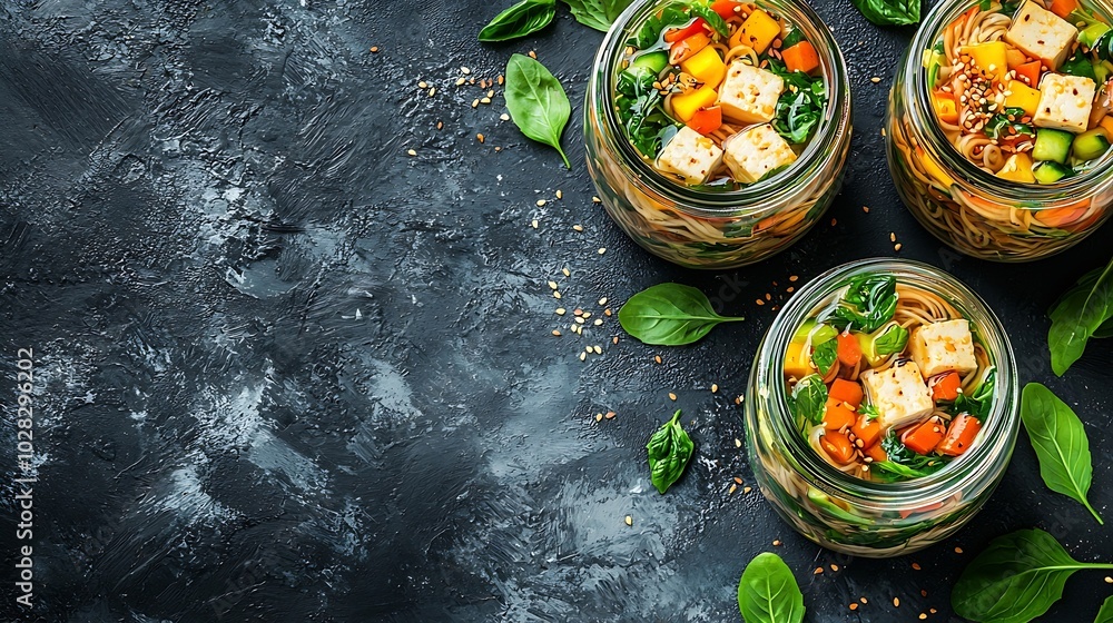 Aufkleber Noodles soba salad soup with vegetables tofu and chicken in jars Grey background Top view : Generative AI