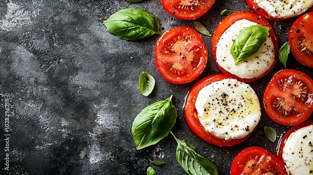 Poster caprese salad with tomatoes mozzarella burrata cheese and basil grey background copy space top view 