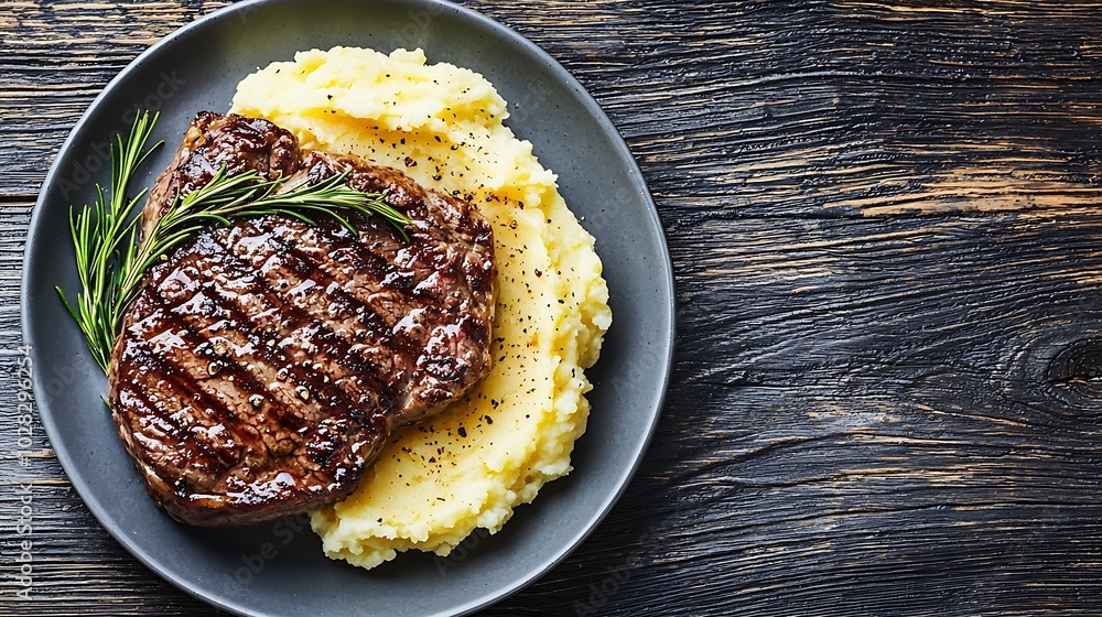 Aufkleber beefsteak with mashed potato on a plate grey wooden background close up top view : generative ai