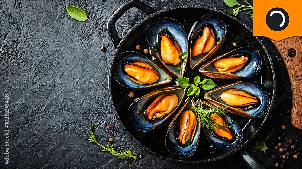 Poster mussels with herbs and sauce in black pan dark background copy space top view : generative ai