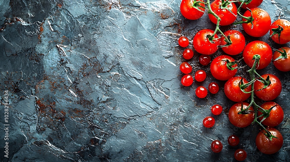 Poster fresh cherry tomatoes grey stone background top view : generative ai