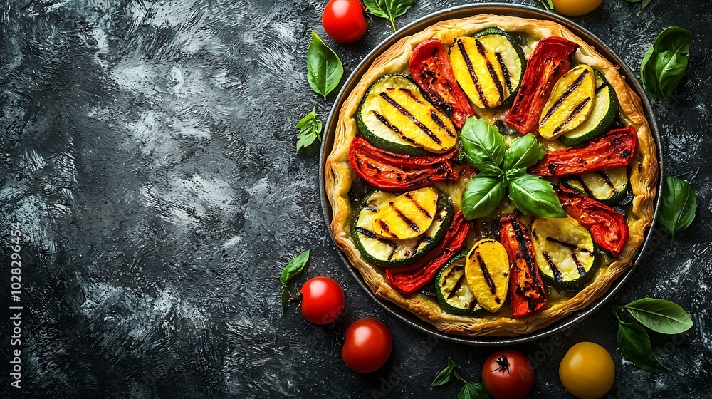 Poster puff pastry pizza with grilled vegetables grey background copy space top view : generative ai