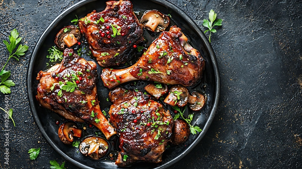 Poster duck leg confit with mushroom sauce on black plate slate background close up top view : generative a