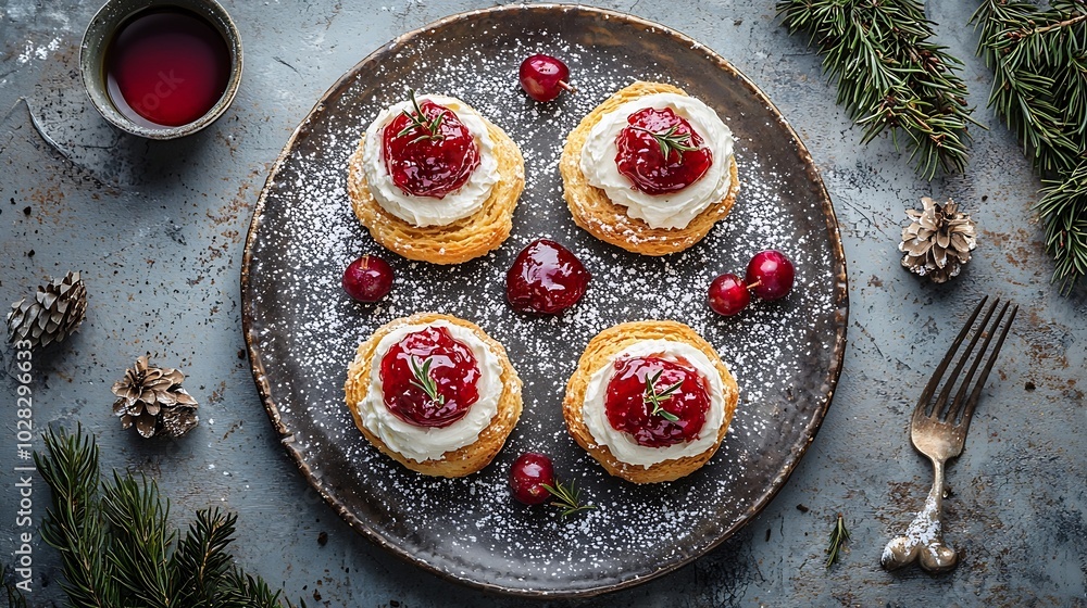 Aufkleber Scones tea cakes with jam clotted cream with tea Traditional British teatime Grey background Top view : Generative AI