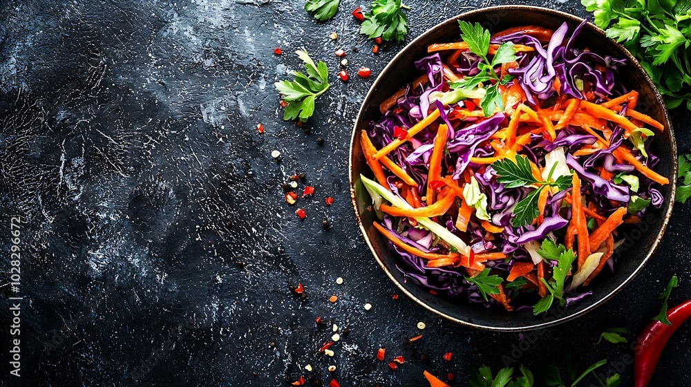 Poster Red cabbage salad Coleslaw in a bowl Grey background Top view Copy space : Generative AI