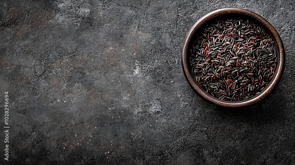 Poster black wild rice in a bowl grey stone background copy space top view : generative ai