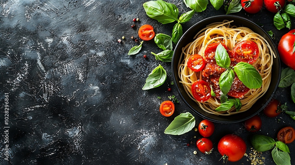 Aufkleber pasta spaghetti with tomato sauce and fresh basil in a bowl grey background top view : generative ai