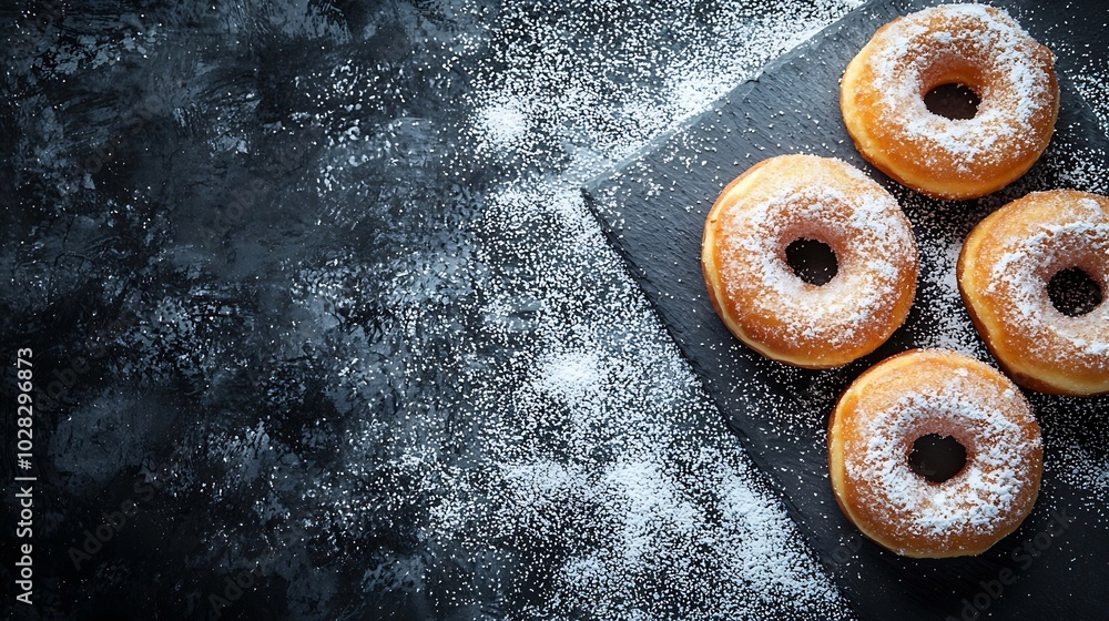 Poster donuts with sugar powder on slate board flat lay composition copy space top view : generative ai