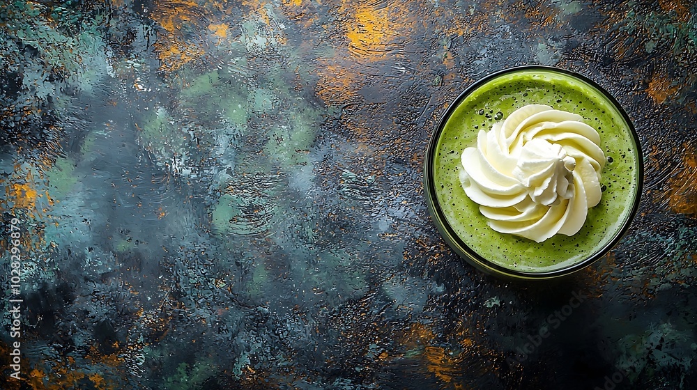 Aufkleber matcha green tea latte with whipped cream top view copy space : generative ai