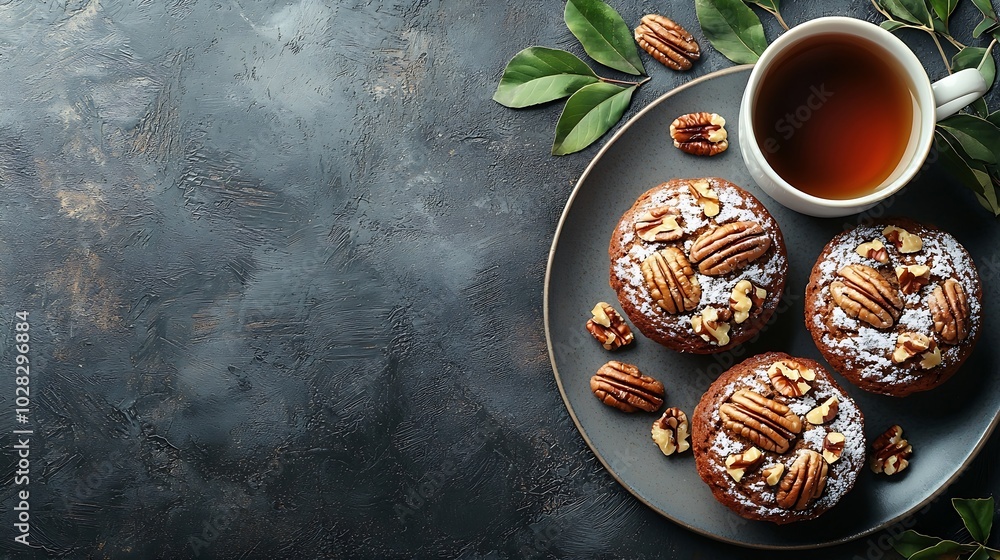 Poster pecan nuts muffins cake with cup of tea on a plate grey background top view : generative ai