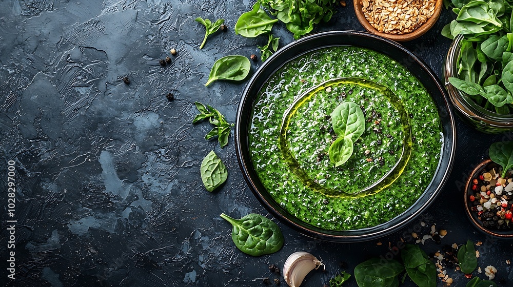 Aufkleber Spinach soup with cream in a bowl Top view Copy space : Generative AI