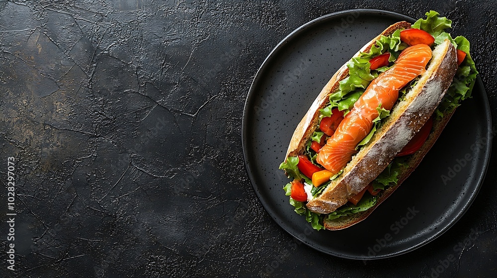 Poster sandwich with salmon vegetables and cream cheese on plate dark background copy space top view : gene