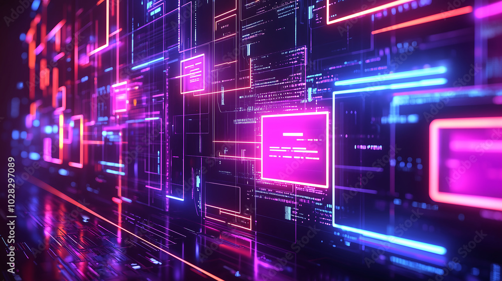 Aufkleber futuristic neon interface with glowing data panels and abstract digital network