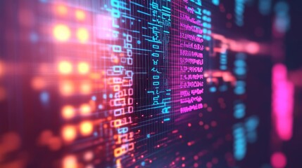 Blockchain technology visualization, neon glow, cyber background