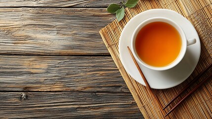 Asian table place setting with white plate sauce bowl and chopsticks Top view Copy space : Generative AI