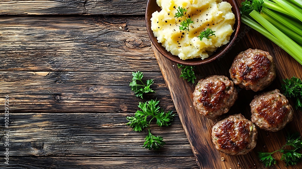 Poster Meatballs duck meat with apple sauce and mashed celery potato on a wooden background Copy space text place : Generative AI