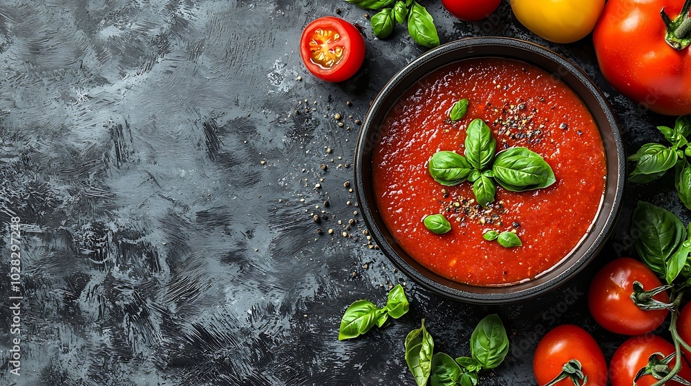Poster traditional tomato sauce in saucepan top view copy space grey background : generative ai