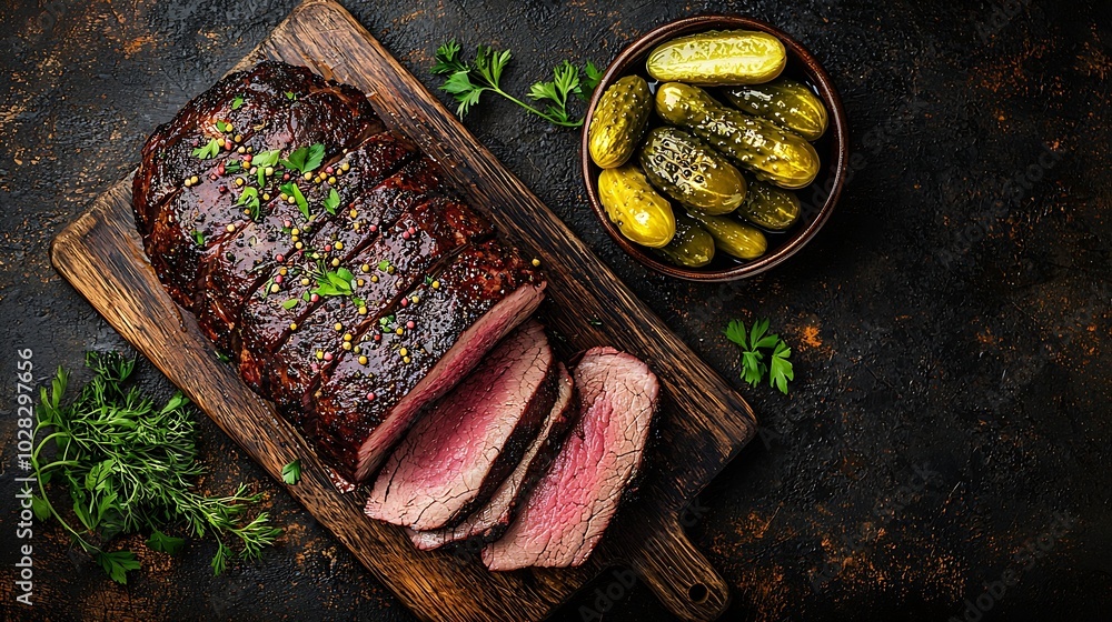 Poster roast beef on wooden cutting board with pickles top view copy space : generative ai