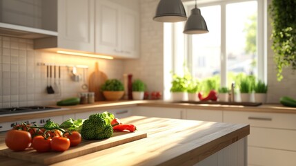 A bright kitchen scene with fresh vegetables on a wooden countertop and plants by the window.